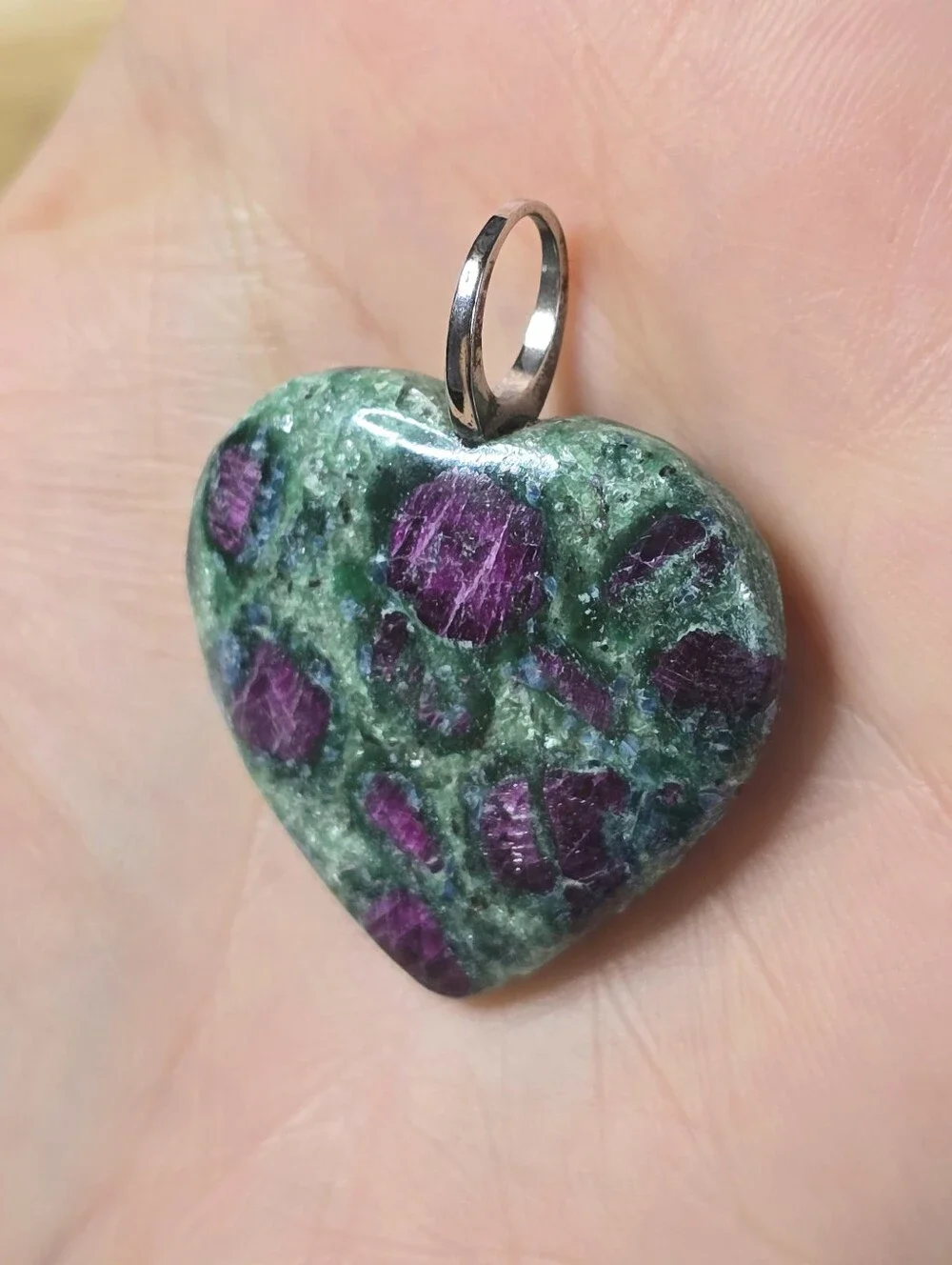 65ct. Ruby in Fuchsite Heart Shaped Gemstone Pendant 925 Sterling Silver Bail